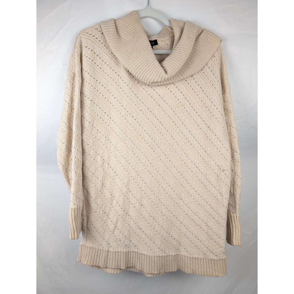 Pointelle Wool Cowl Neck Sweater‎ Size S Tan Cream Cottagecore Preppy Fisherman - Picture 2 of 11
